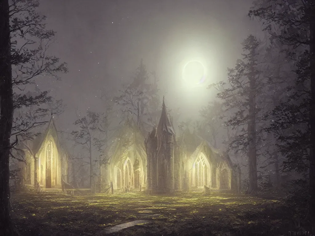 Prompt: A highly detailed painting of a dark church at night, moon, forest, by Studio Ghibli, Makoto Shinkai, by Artgerm, by WLOP, by Greg Rutkowski, volumetric lighting, octane render, 4K resolution, trending on artstation, masterpiece