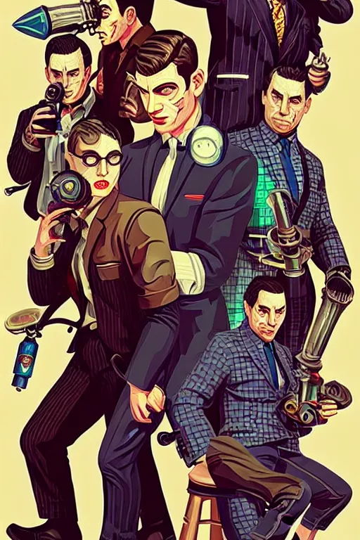 Image similar to the wolfs squad, pop art, pixel, bioshock art style, gta chinatown art style, face features, body features, ultra realistic art, digital painting, concept art, smooth, sharp focus, illustration, intricate, without duplication, elegant, confident posse, art by artgerm and richard hamilton and mimmo rottela, kirokaze and paul robertson