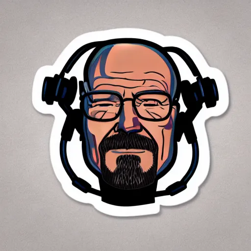 Image similar to a breaking-bad-walter-white, svg sticker, vector art, wearing headphones, jamming to music