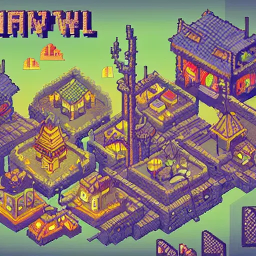 Prompt: pixel art fantasy town, game concept art, illustration,