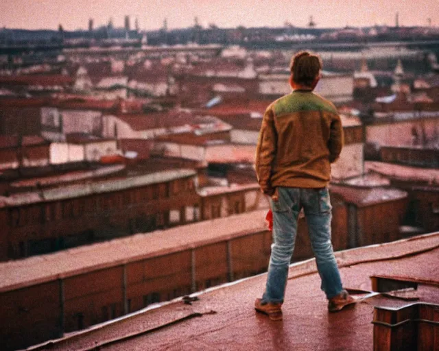 Image similar to lomo photo of man standing on the roof of soviet hrushevka, small town, cinestill, bokeh, out of focus