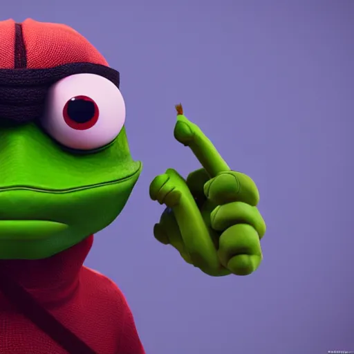 Prompt: a sadge - sad - pepe - the - ninja, looking more depressed than usual, quivering lips, fists in the air, sweat flying, cgi render, zbrush, octane, keyshot render