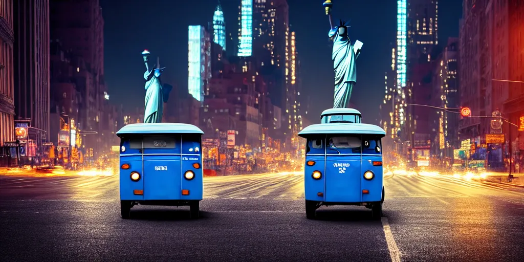 Image similar to an open frame blue tuk tuk going through a desolate manhattan city street at night, statue of liberty seen in the background, realistic 4 k octane beautifully detailed render, 4 k post - processing, highly detailed, detailed face, intricate complexity, epic composition, magical atmosphere, cinematic lighting, masterpiece, color picture, ultra hd