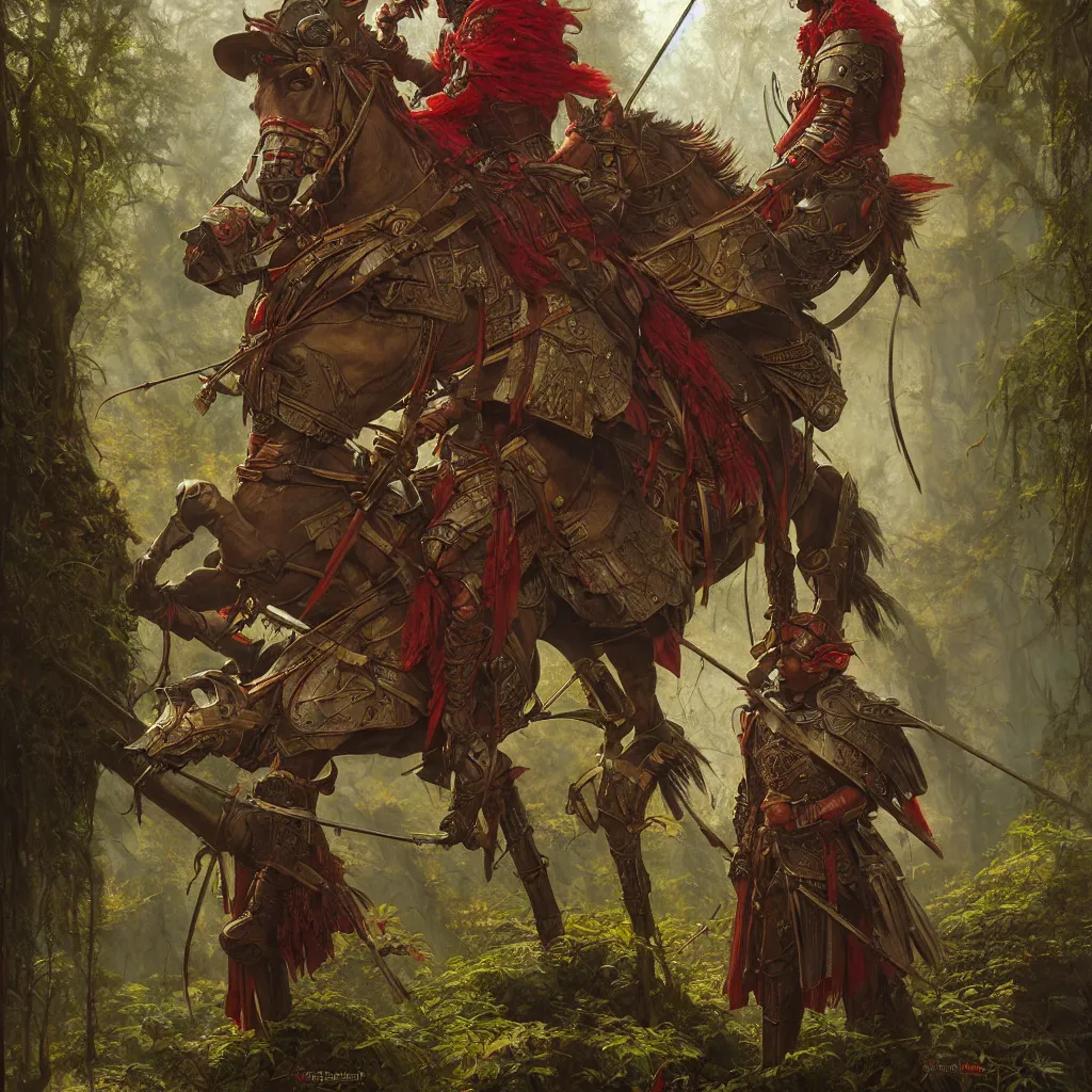 Image similar to fantasy male knight red plume, center focused, matte painting, lush fairy forest, neon, concept art, schematics, gnarly details painted by tom bagshaw, norman rockwell, mucha, james gurney, high detail, denoised, sharp, architectural