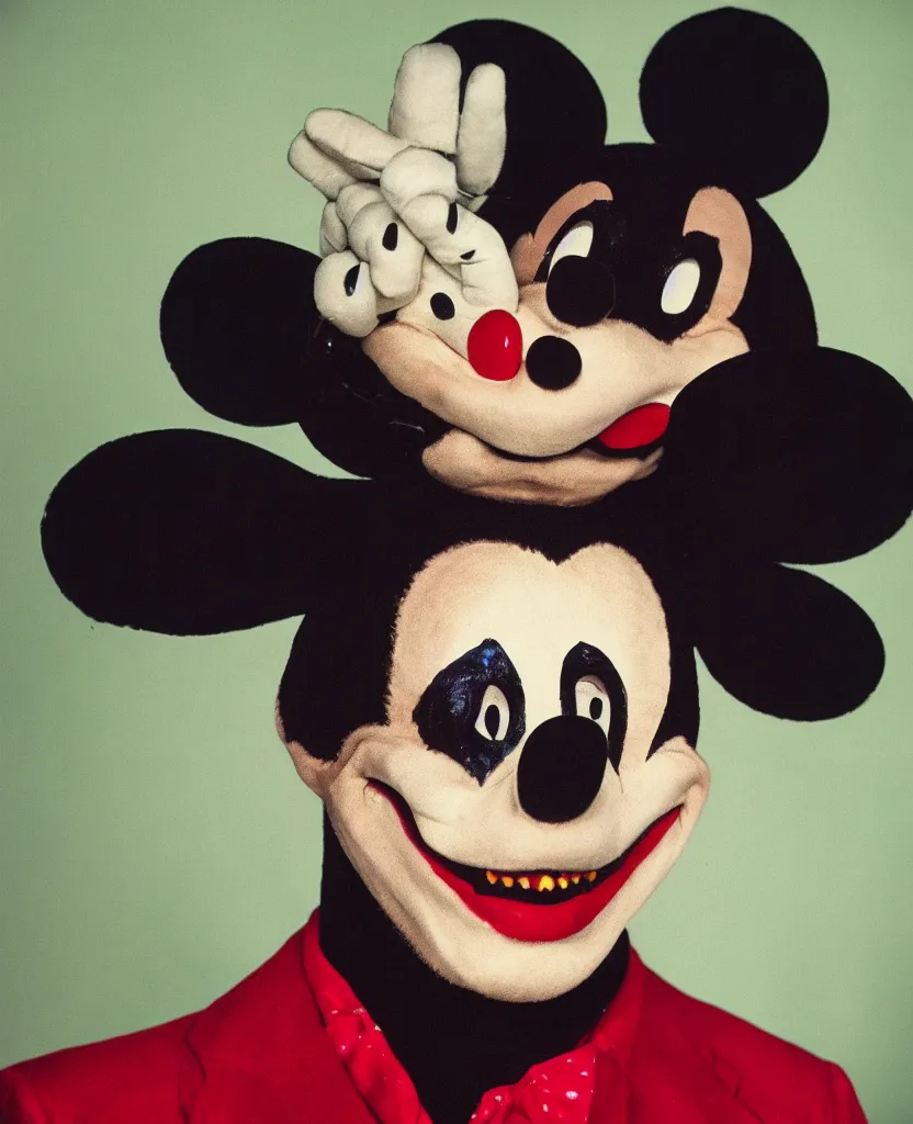 Prompt: ektachrome solo portrait of mickey mouse wearing scary joker makeup