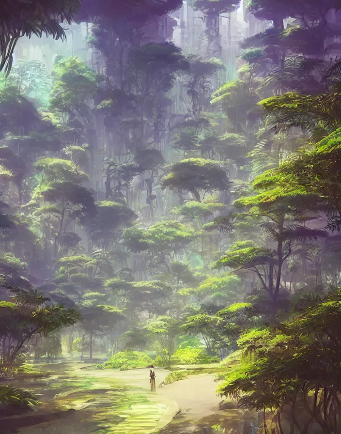 Image similar to surreal futuristic jungle oasis city, environment concept art, daytime ethereal anime, high detail Impressionist style, dreamy light color palette, style of studio ghibli and moebius, concept art stunning atmosphere, trending on artstation, volumetric light