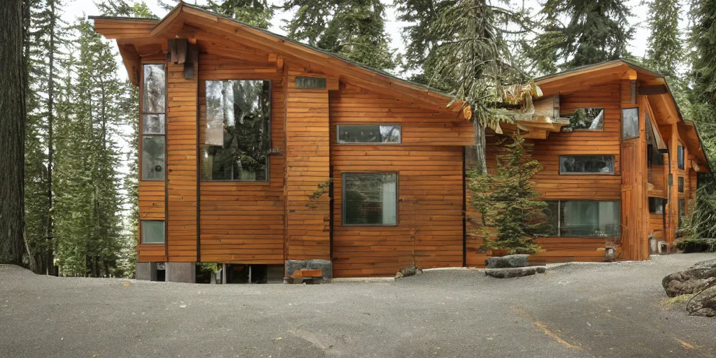 Prompt: large lodge type residence, washington state, cedar and concrete, many windows, triangular elements