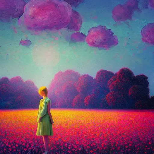 Prompt: large flower as a face, girl standing in a flower field, surreal photography, big trees, sunrise dramatic light, impressionist painting, colorful clouds, digital painting, pointillism, artstation, simon stalenhag