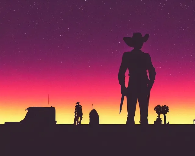 Image similar to cowboy bebop silhouette in the desert, synthwave