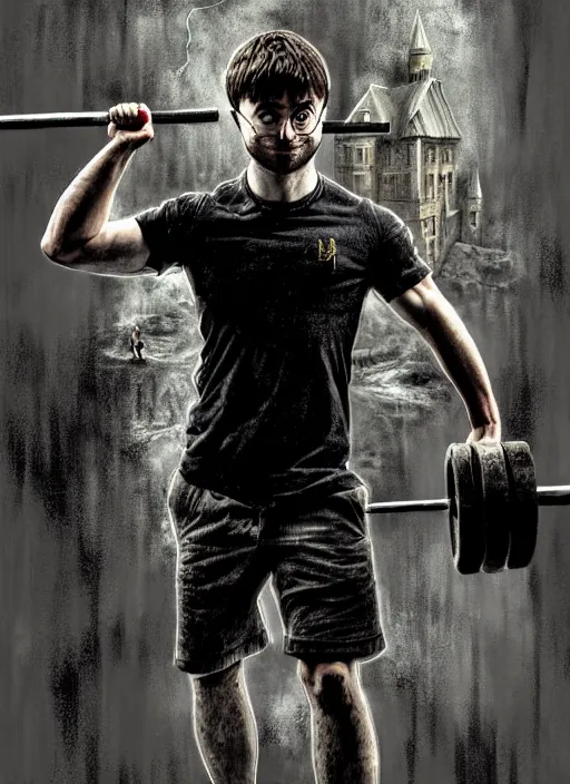Image similar to a highly detailed portrait of Daniel Radcliffe as Harry Potter doing barbell back squats, wearing a muscle tee shirt, intricate detail, digital painting, old english, raining, sepia, particles floating, whimsical background by marc simonetti, artwork by ross tran + ramond swanland + liam wong