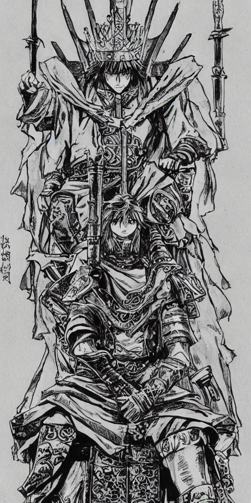 Image similar to a king on a throne drawn by Makoto Yukimura in the style of Vinland saga anime