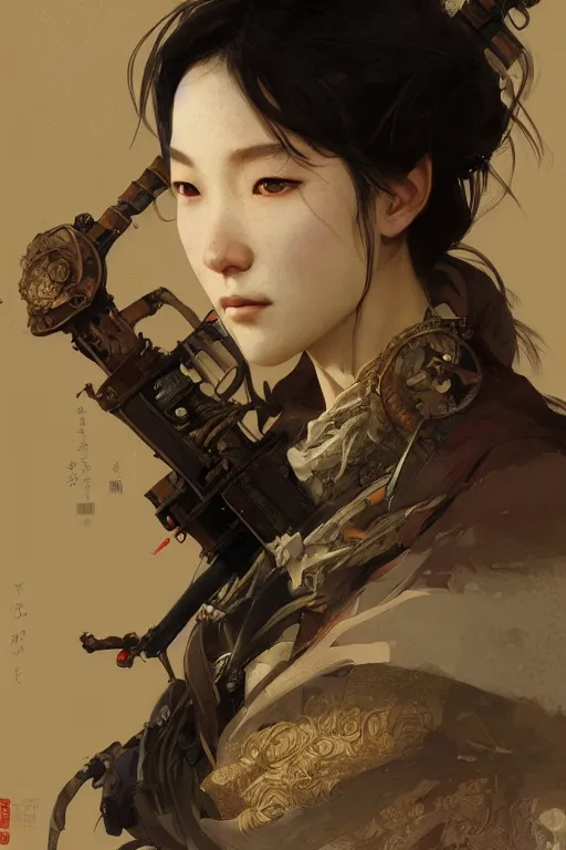 Image similar to A full portrait of a beautiful post apocalyptic Chinese explorer, intricate, elegant, highly detailed, digital painting, artstation, concept art, smooth, sharp focus, illustration, art by Krenz Cushart and Artem Demura and alphonse mucha