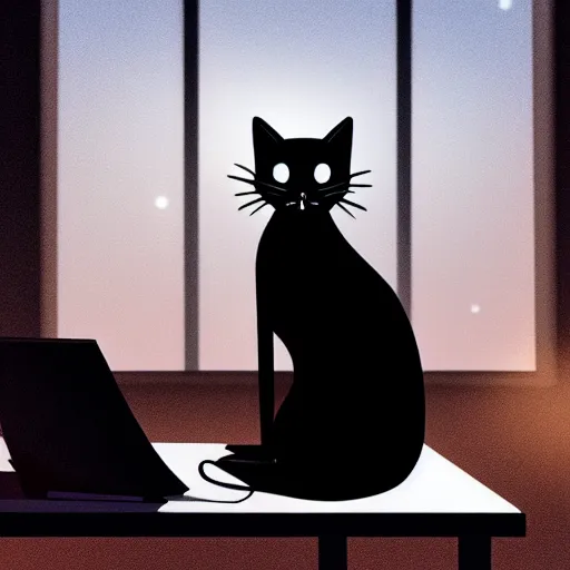 Image similar to black cat sitting at the computer in the office, at night, light from the computer, amazing, epic, mood, 8 k, high detalied, trending on artstation, digital art,