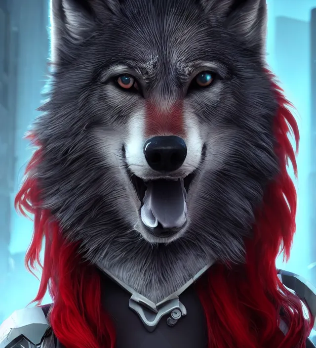 Prompt: portrait of a anthropomorphic dark gray wolf with red hair in a futuristic city, hyper detailed, digital art, trending in artstation, cinematic lighting, studio quality, smooth render, unreal engine 5 rendered, octane rendered, art style by pixar dreamworks warner bros disney riot games and overwatch.