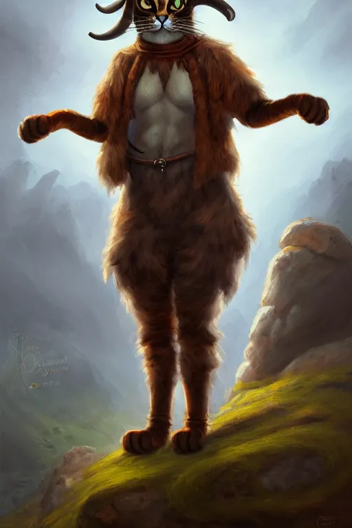 Prompt: classic oil painting, anthropomorphic bipedal cat that has goat horns, as a dnd character, cottagecore, highly detailed, digital illustration, concept art, smooth, sharp focus, art by ferdinand georg waldmuller