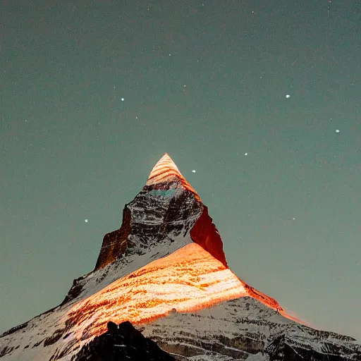 Image similar to indian flag projected illuminated on the matterhorn mountain at night, top is orange, middle white, bottom green