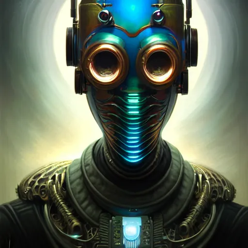 Image similar to front shot of a cyberpunk gazmask robot character, intricate, elegant, highly detailed, centered, digital painting, artstation, concept art, smooth, sharp focus, illustration, artgerm, Tomasz Alen Kopera, Peter Mohrbacher, donato giancola, Joseph Christian Leyendecker, WLOP, Boris Vallejo