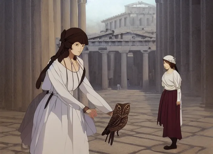 Prompt: greece 1 8 4 0's, young adult florence nightingale shocked at some children tormenting a small owl at the parthenon in athens, finely detailed perfect art, gapmoe yandere grimdark, trending on pixiv fanbox, painted by greg rutkowski makoto shinkai takashi takeuchi studio ghibli