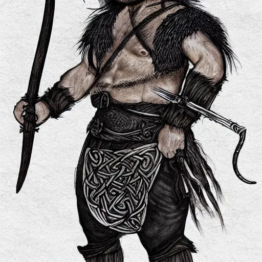 Prompt: full face and body character design reference art of Eoghaill of the Murine Hordes, a male La Tene Culture Celtic chieftain and warrior, resplendent and proud of bearing, long black hair, hirsute and muscled, wielding a Celtic longsword. Has a rat familiar. high quality, high detail, realistic gouache illustration, in the style of: Angus McBride, Mike Mignola, Jean Giraud, Alex Ross, and Michael William Kaluta. photorealistic character render.