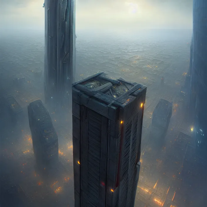 Prompt: matte painting by marc simonetti, jonathan solter, greg rutkowski of a futuristic skyscraper, masterpiece, cinematic, hyperdetailed, photorealistic, hyperrealism, architecture, aerial view,