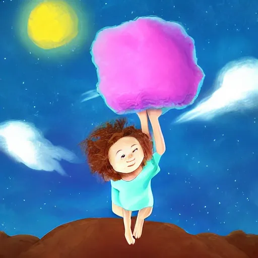 Image similar to A child, climbing on a tree made out of cotton candy on the moon, digital art