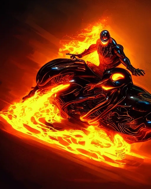 Image similar to ghost rider symbiote, dynamic lighting, fantasy concept art, trending on art station, stunning visuals, creative, cinematic, ultra detailed, comic strip style