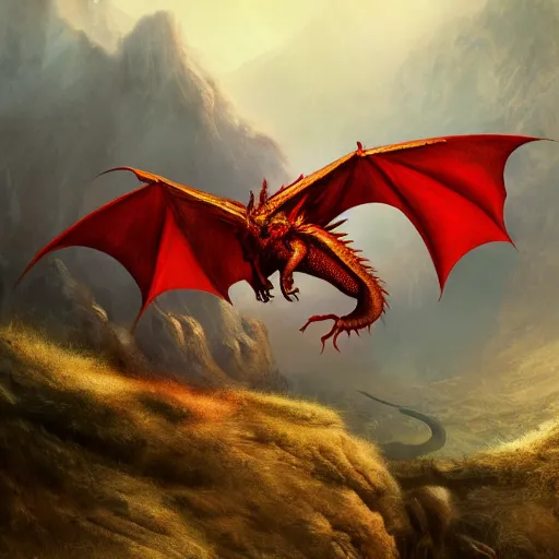 Image similar to red dragon flying in mountain landscape, illustration, epic, fantasy, intricate, hyper detailed, artstation, concept art, smooth, sharp focus, rj palme