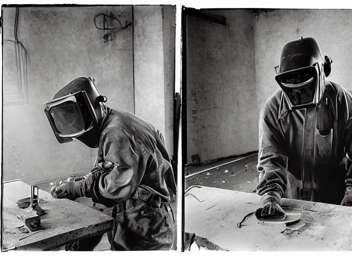 Image similar to welder in welding mask in an abandoned asylum, by richard avedon, tri - x pan stock