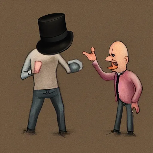 Prompt: bald man slapping another man in a hat in the face. Simplified drawing, well composed, pixar concept art by Mike Altman