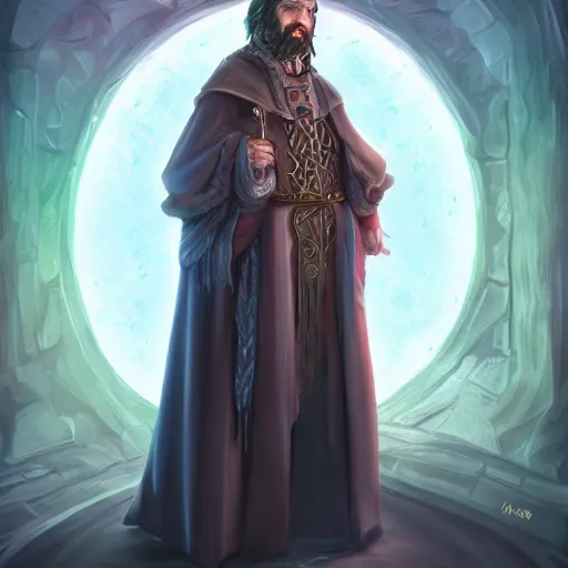Prompt: a young, well-to-do wizard in ornate wizard robes. portrait, shaggy haircut, 8k resolution, full-length portrait, digital painting, fantasy illustration, D&D character art