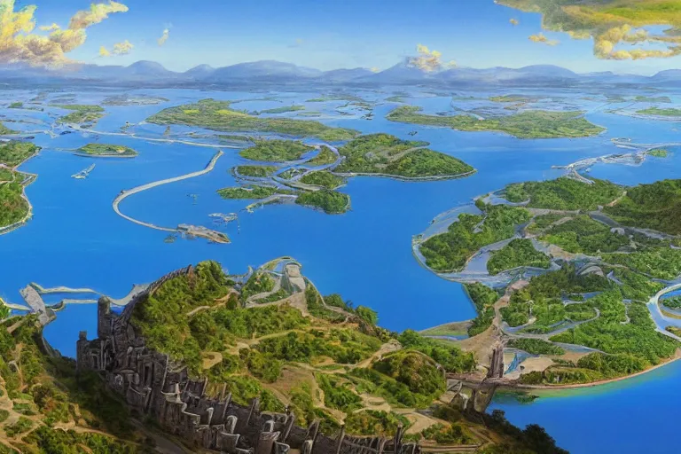 Prompt: An island fortress-city where two rivers converge to form one larger river, appalachian mixed mesophytic forest, vibrant blue sky background, by Cortes Thurman the greatest Barbizon-influenced concept artist ever known and by Joe Jusko, rendered in hyperdetailed Ultra HD, trending on ArtStation,