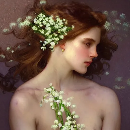 Image similar to a beautifull intricate woman with lily of the valley, reflexions, verry high details by william turner art, greg rutkowski and alphonse mucha, trending on artstation, very very detailed, masterpiece, - h 7 6 8