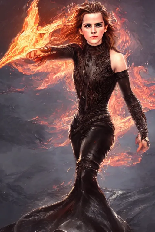 Prompt: a photo of Emma Watson wearing a leather outfit casting a spell of fire, fantasy, intricate, beautiful, highly detailed, digital painting, artstation, concept art, smooth, high resolution, sharp focus, illustration