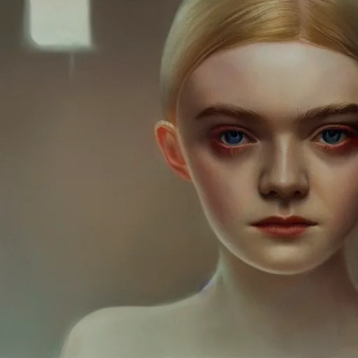 Image similar to a striking hyper real oil painting of Elle Fanning with cybernetics in the style of Blade Runner