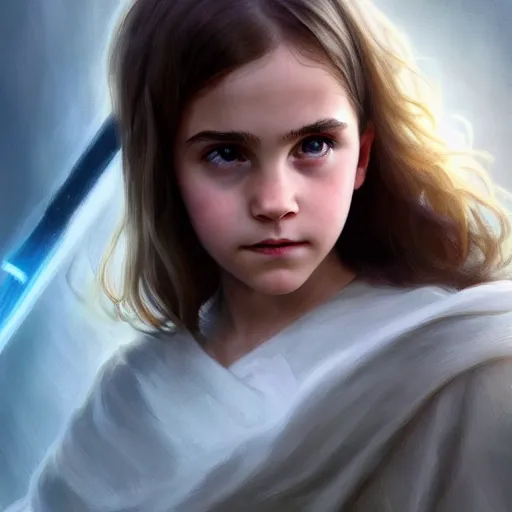 Image similar to perfectly - centered - portrait of a kid looking like young emma watson wearing white cloak holding light saber, intricate, highly detailed, digital painting, artstation, concept art, smooth, sharp focus, illustration, unreal engine 5, 8 k, art by artgerm and greg rutkowski and alphonse mucha