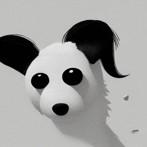 Image similar to Goro Fujita illustrating a beautiful black and white fluffy dog, with big ears on a plain background, art by Goro Fujita, sharp focus, highly detailed, ArtStation