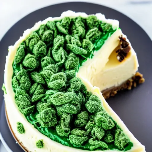 Image similar to close view of a delicious sweet and perfect marijuana bud cheesecake piece, award winning, 4 k, beautiful