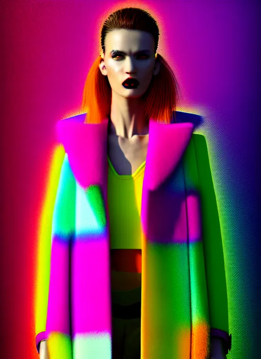 Image similar to stylish coat for a rave, bright colors, many details, prints, photo for a magazine, photo for a store, fashion photography, Vogue, 135 mm, cinematic, hyper realism, high detail, octane render, 8k, chrome accents, very coherent symmetrical artwork, perfect face model, full length photo, Upper and lower body, even skin tone