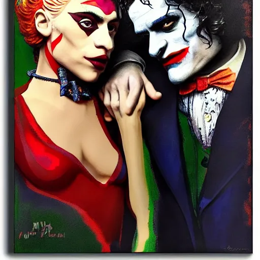 Prompt: ilya yefimovich repin and mimmo rottela as joaquin phoenix skinny joker holding hand lady gaga harley queen, ultra photorealistic, intricate details, pop art style, concept art, confident posse, random object details, 3 colours, warm color, 4 k, ultra smooth, sharp focus