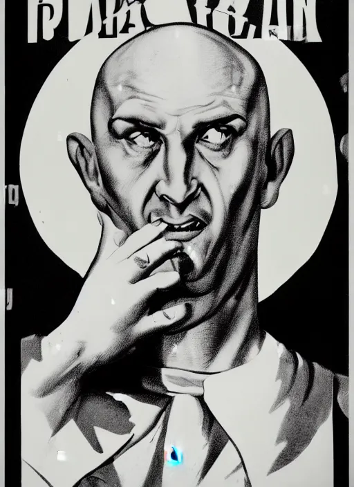 Image similar to portrait of glamorous bald medieval man with big nose and annoyed gesture,look of hate, threatening pose, 1940s propaganda poster, full hd,highly detailed