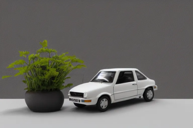 Image similar to a small miniature of a Peugeot 309 Vital on a white table near a vase with a plant at sunset, 3d render, unreal engine 5, octane render, 4k, low contrast, ray tracing, serene landscape, calm, relaxing, beautiful landscape, highly detailed, high quality, product photo, hyperrealistic, concept art, symmetrical, centered, godrays