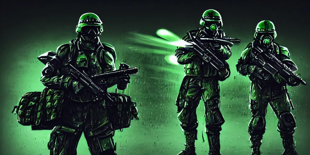 Image similar to A detailed sketch of two guerilla soldiers with green plasma rifles with revolver drums wearing grey armour with dark green stripes and full helmets with dark green visors, night, rain, water drops on the lense, a complicated black spaceship with green lights in the background, realistic 4k octane beautifully detailed render, 4k post-processing, highly detailed, intricate complexity, epic composition, magical atmosphere, cinematic lighting, masterpiece, ultra hd