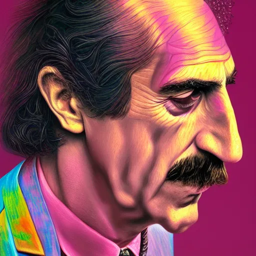 Prompt: An extremely psychedelic portrait of Frank Zappa, surreal, LSD, face, detailed, intricate, elegant, lithe, highly detailed, digital painting, artstation, concept art, smooth, sharp focus, illustration