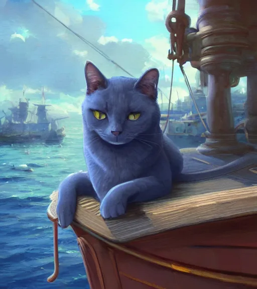 Prompt: a Russian Blue cat pirate on a boat, sitting down, captain hat, proud, shallow depth of field. By Makoto Shinkai, Stanley Artgerm Lau, WLOP, Rossdraws, James Jean, Andrei Riabovitchev, Marc Simonetti, krenz cushart, Sakimichan, trending on ArtStation, digital art