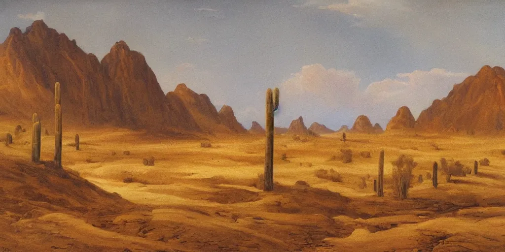 Prompt: landscape painting! of an unknown desert!!!, in south america!!, mystic, by thomas hill h 6 3 0