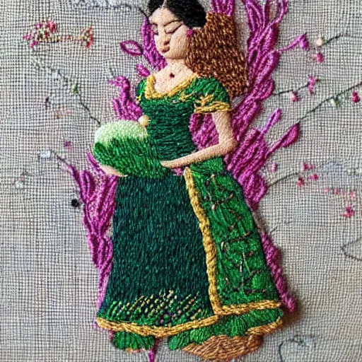 Image similar to a tiny beautiful handmade embroidery of a woman. hand embroidery.