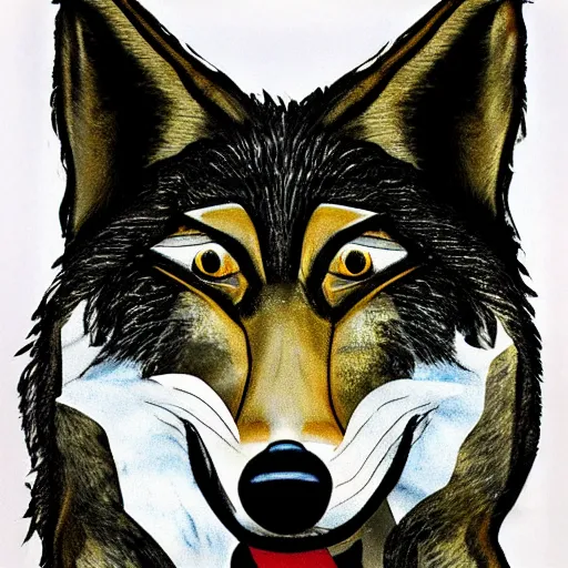 Image similar to retarded funny wolf portrait, expressionism style