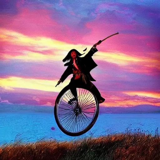 Prompt: a dreamy, colorful pictures of captain jack sparrow riding a unicycle, to the sunset.