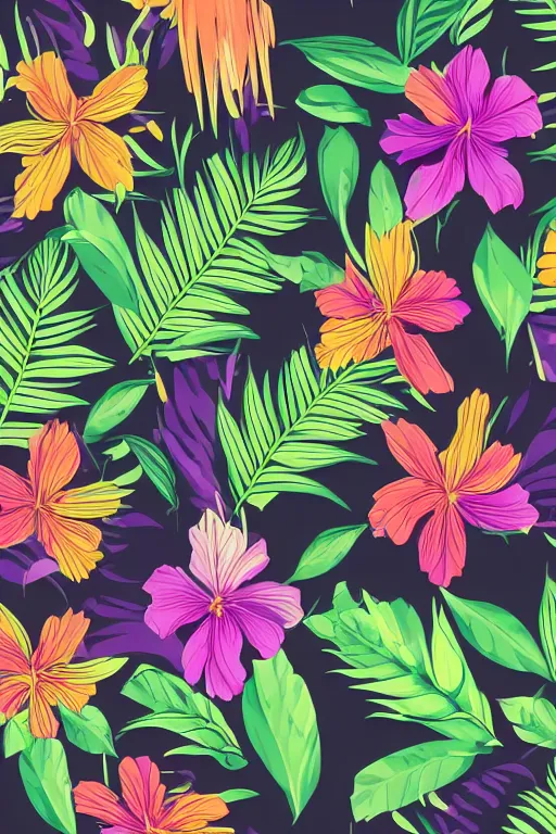 Image similar to moody vector illustration of tropical flowers and green leaves, multiple cohesive colors ranging from warms purples to bright oranges on a ((very dark background)), 4K resolution, HD wallpaper