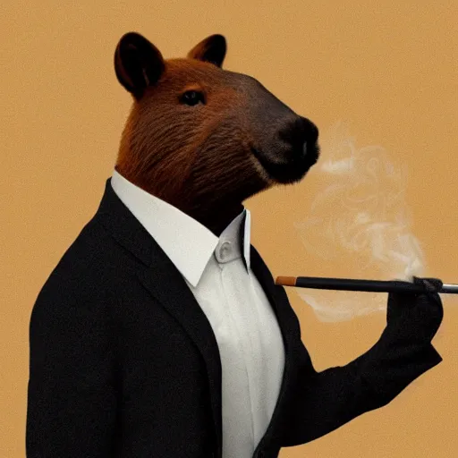 Image similar to a high detail photo of an antropomorphic capybara wearing a suit smoking a cigarrette, subject= duck, subject detail: wearing a suit, subject action: smoking a cigarrette photorealism